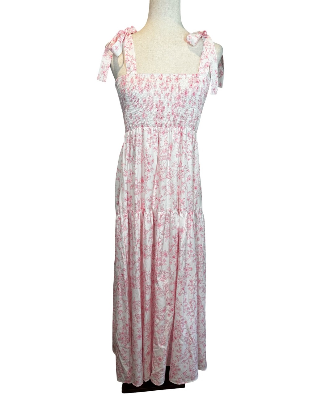 Pink & White Floral Tie-Shoulder Maxi Dress Party SZ M